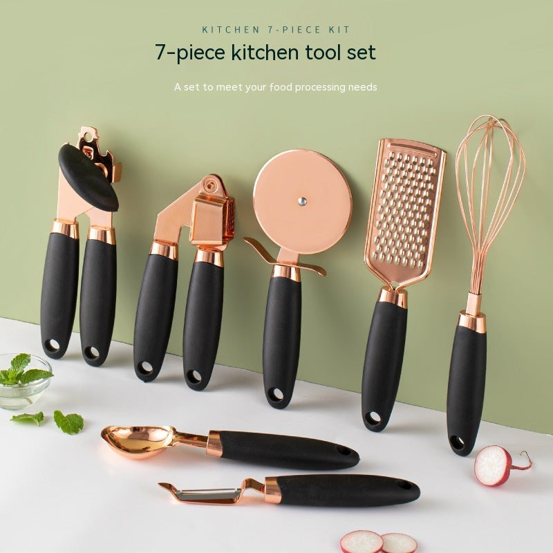7-piece Kitchen Household Peeler Gadget Copper Plating Set for food processing with stainless steel, displayed on counter.