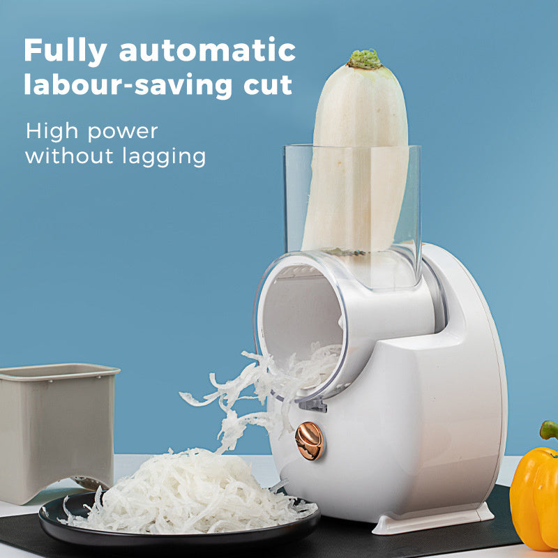 Multifunctional electric vegetable slicer, equipped with tools for slicing, shredding, and chopping potatoes and carrots, ideal for home kitchens.