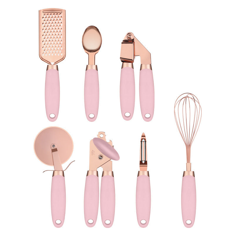 Kitchen Household Peeler Gadget Copper Plating Set - Rose Gold Stainless Steel Kitchen Tool Set Including Grater, Peeler, Whisk, Pizza Cutter