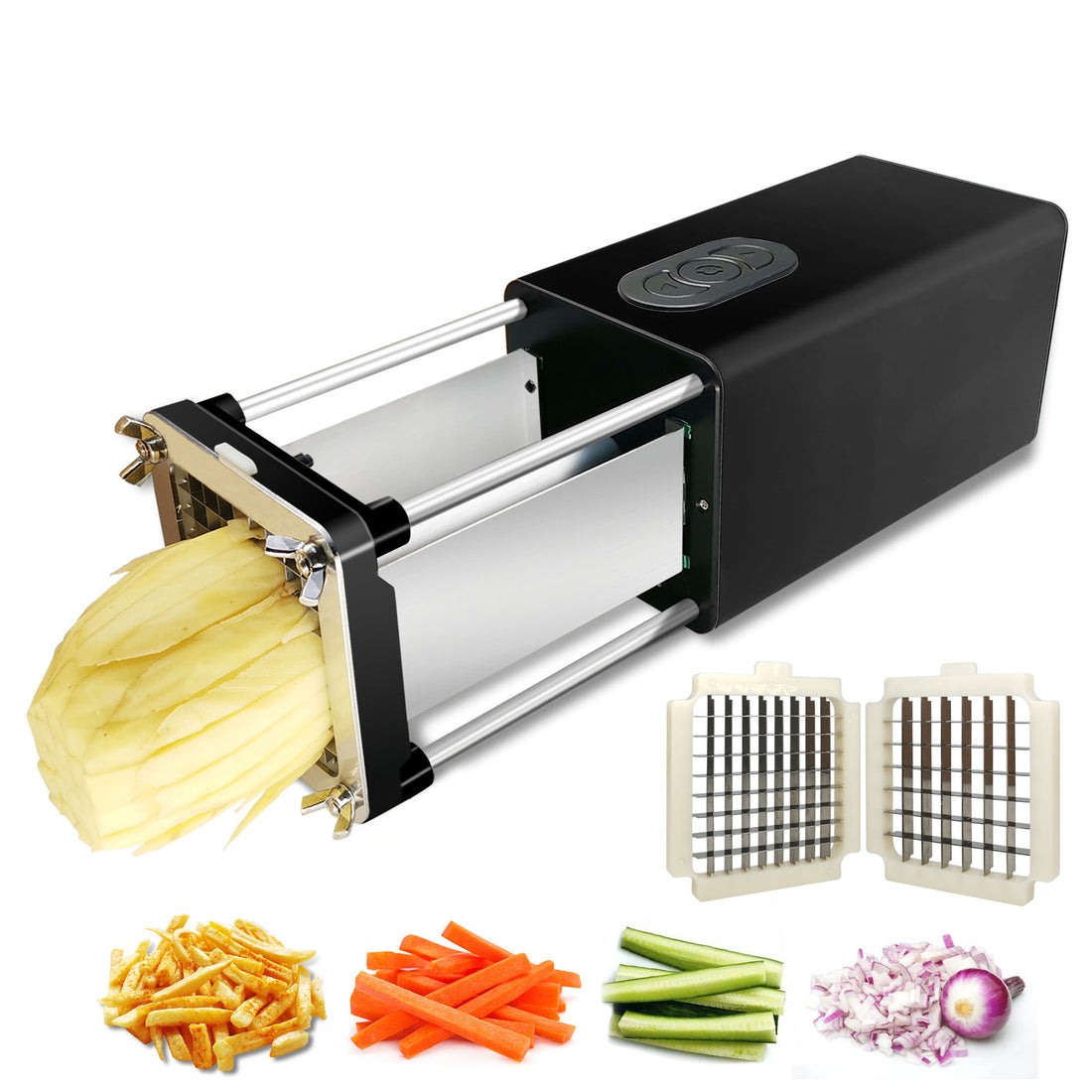 Electric potato slicer with stainless steel blades, designed for slicing, cutting chips, and making French fries efficiently.