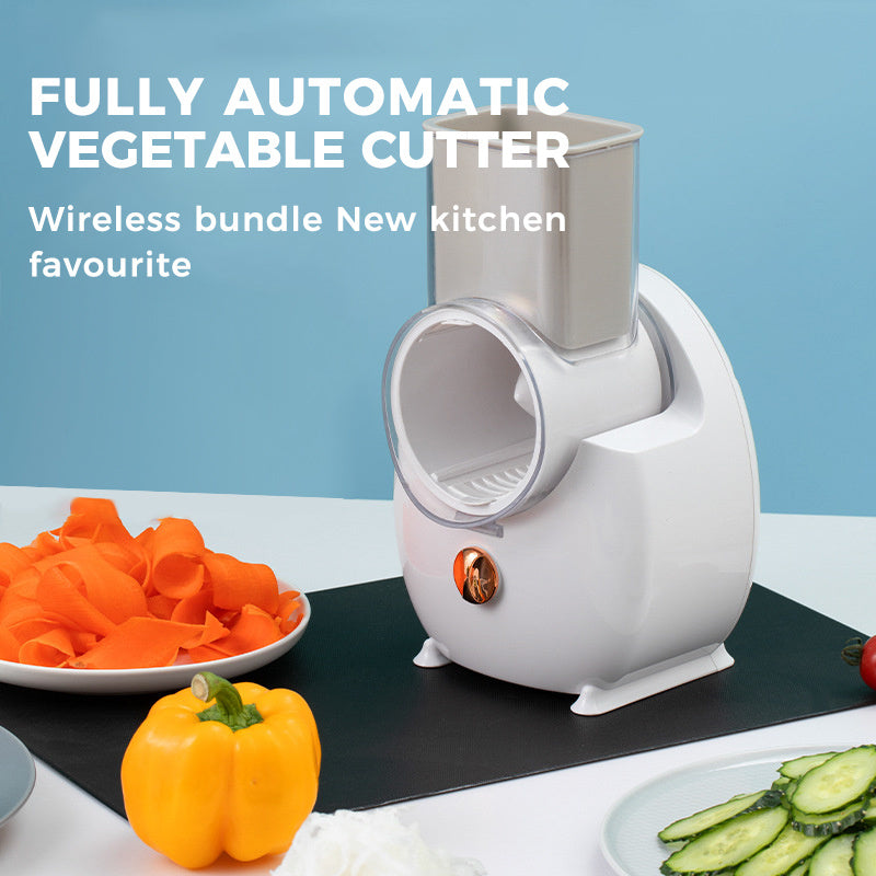 Electric vegetable slicer, multifunctional cutter for potatoes and carrots, featuring shredder, chopper, and grater functions for versatile kitchen use.