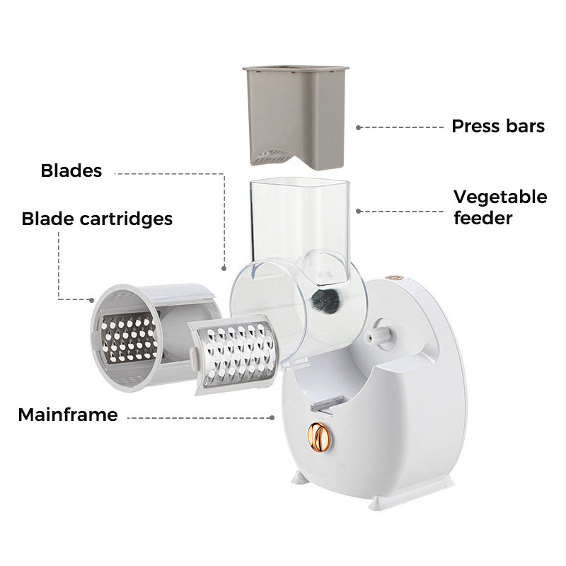 Multifunctional electric vegetable slicer, perfect for cutting, shredding, and grating potatoes and carrots with ease, designed for versatile home use.