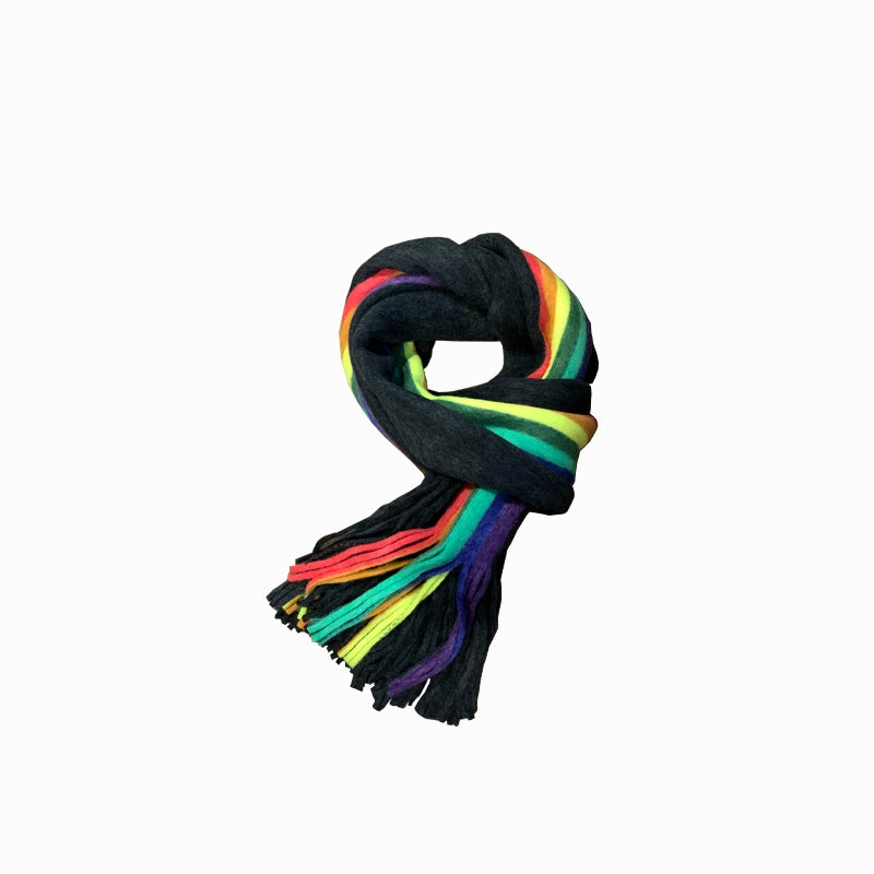 Colorful rainbow double-sided scarf, featuring vibrant hues on both sides for versatile styling options.