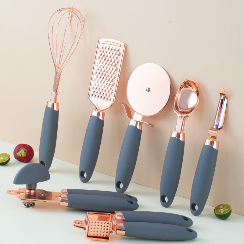 Rose Gold Kitchen Tool Set with Copper Plating including Peeler, Grater, and More for Household Use