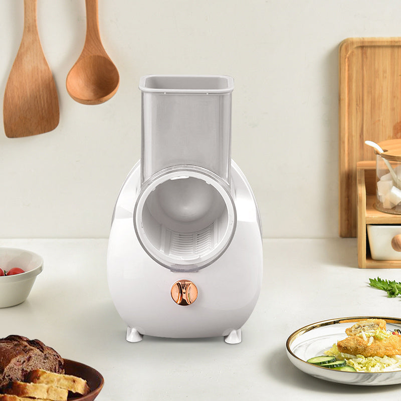 Electric vegetable slicer and chopper, featuring multiple functions for slicing, shredding, and grating potatoes and carrots, perfect for home cooking.
