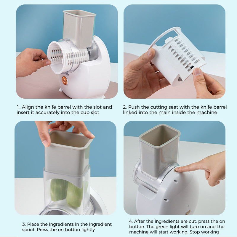 Versatile electric vegetable slicer, designed as a multifunctional tool for cutting, shredding, and chopping potatoes, carrots, and more.