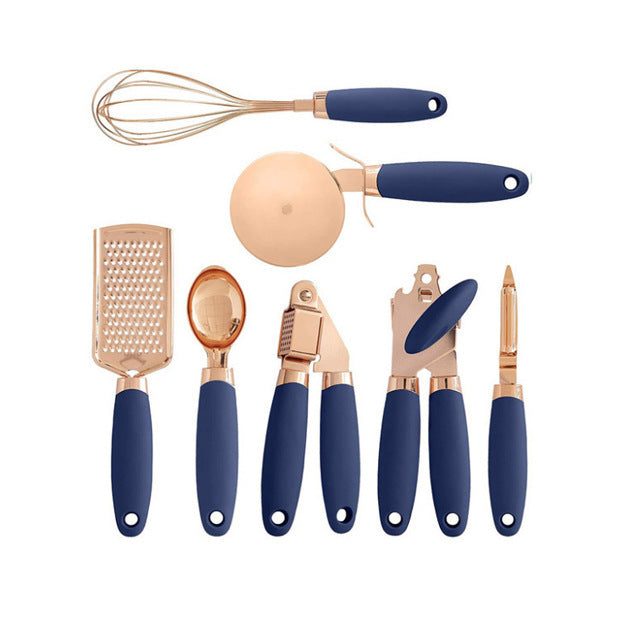 Rose Gold Kitchen Tool Set with stainless steel peeler, gadgets, and copper plating, perfect for household use in any kitchen.