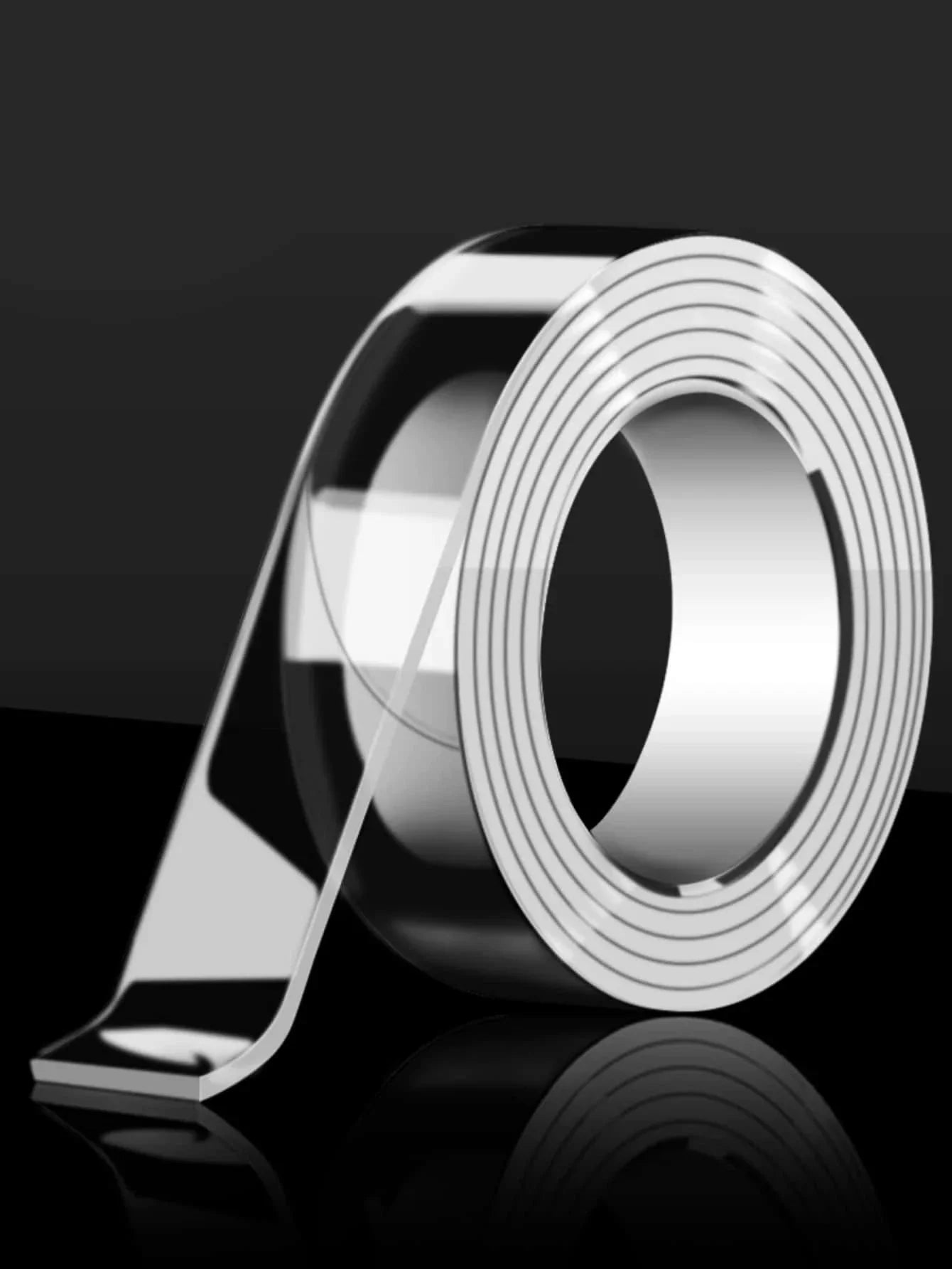 Durable double-sided reusable tape, transparent and washable, perfect for securing items on walls, floors, and other surfaces without leaving residue.