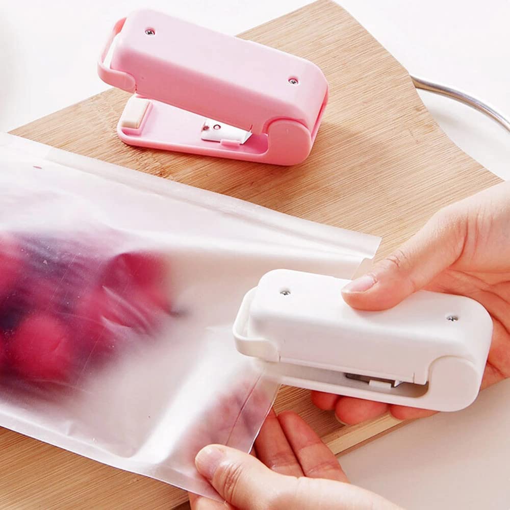 Mini heat sealer with an ergonomic design, quick and efficient sealing of food bags, ideal for kitchen storage and travel use.