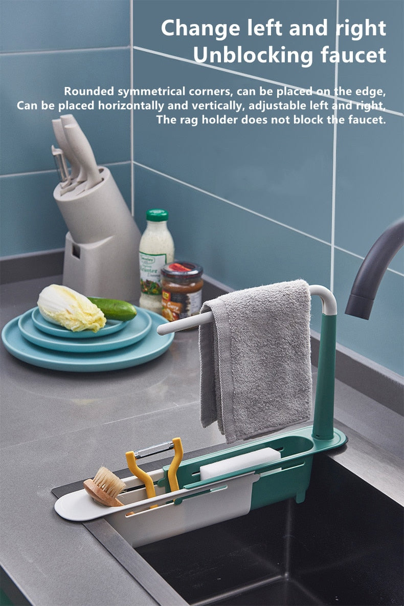 Durable telescopic sink rack with an extendable design, offering space-saving and versatile drying options for kitchenware, suitable for various sink dimensions.