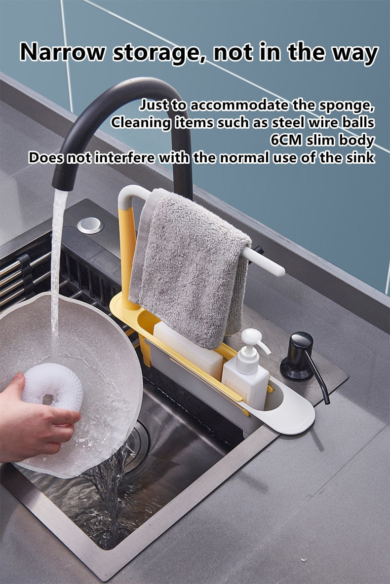 Expandable telescopic sink rack with adjustable length, ideal for accommodating different sink sizes and providing organized drying space for dishes and kitchen tools.