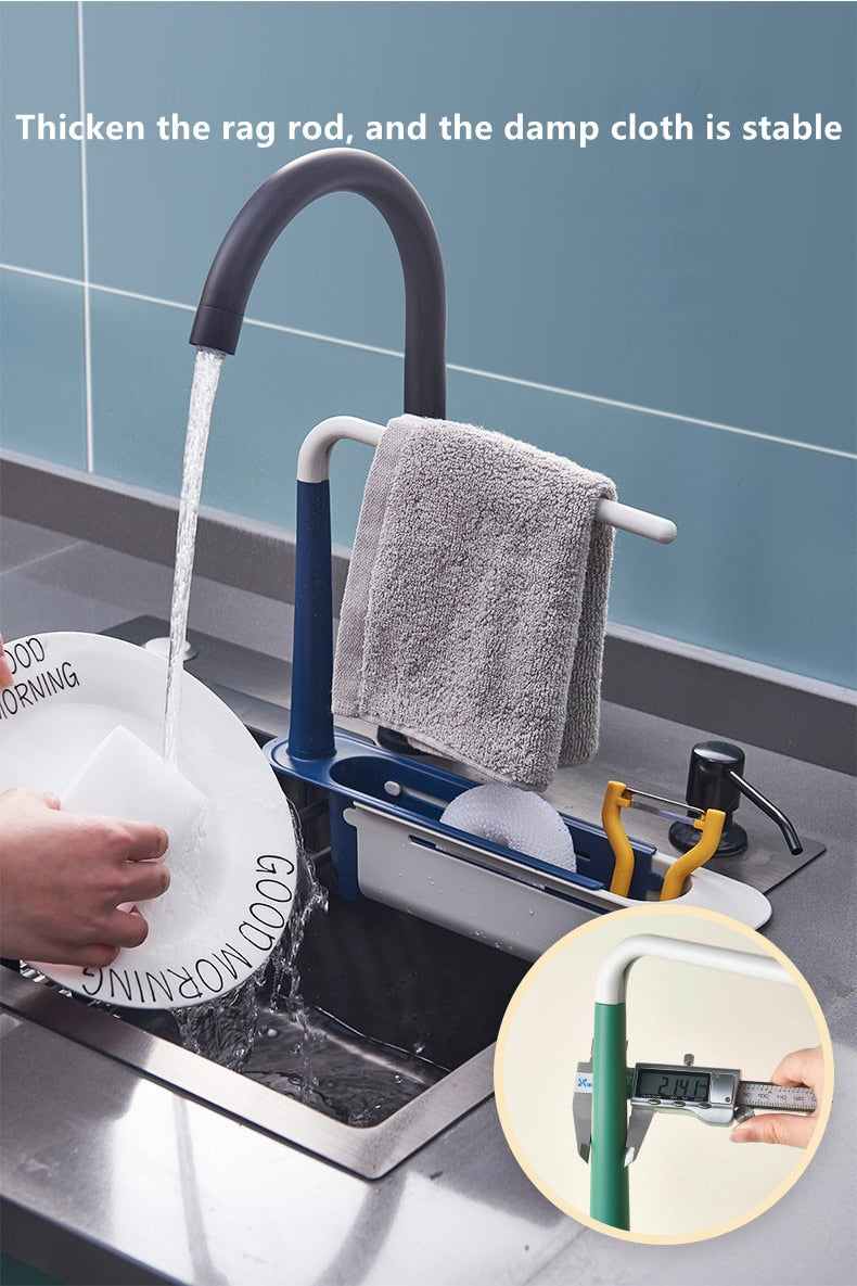 Adjustable telescopic sink rack, extending to fit different sink sizes, perfect for air-drying dishes and organizing kitchen essentials with a sturdy design.