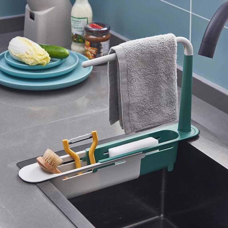 Telescopic sink rack with adjustable length, designed to fit various sink sizes, providing a convenient drying and storage solution for dishes and utensils, with durable construction.