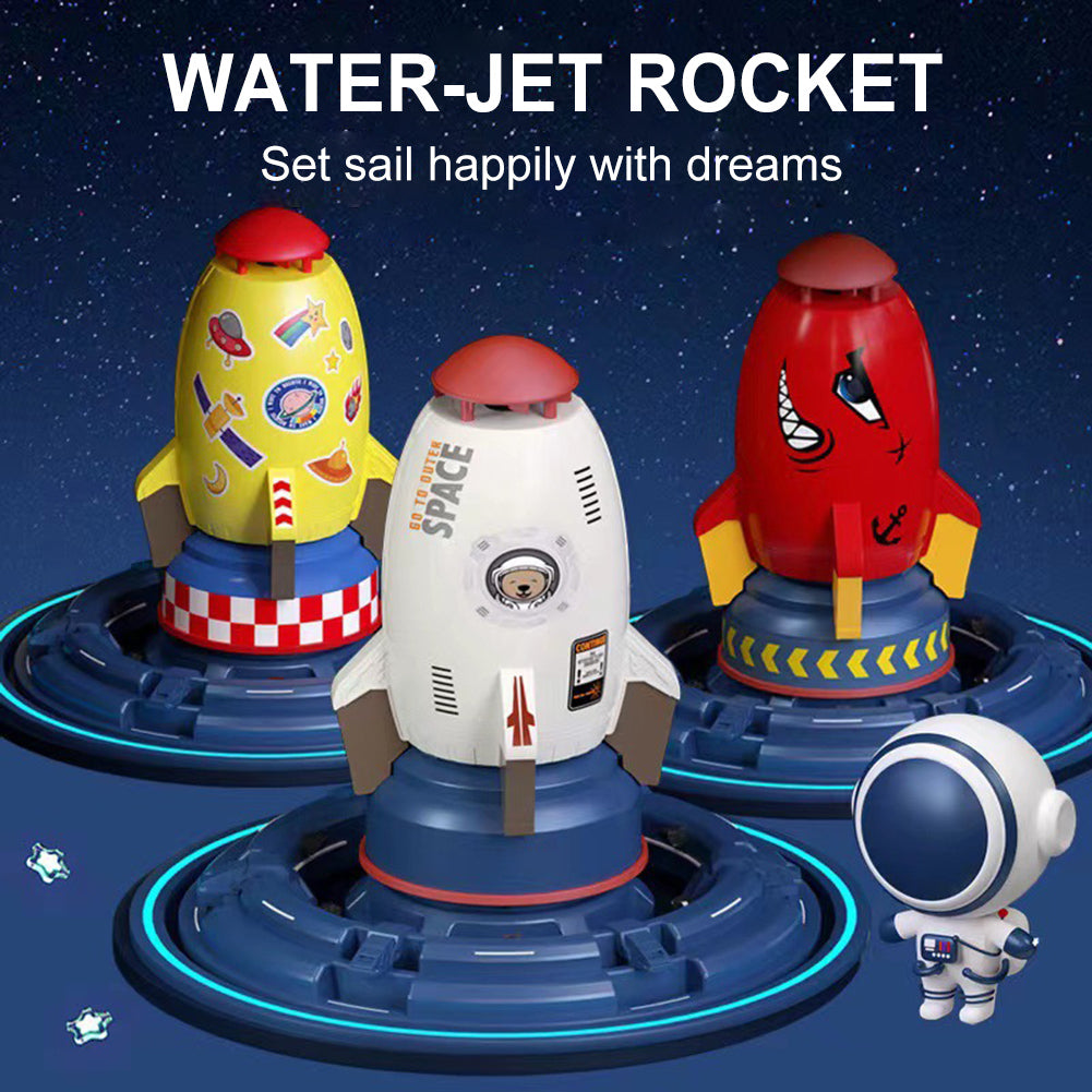 Rocket sprinkler designed for efficient lawn and garden watering, featuring a fun rocket shape.