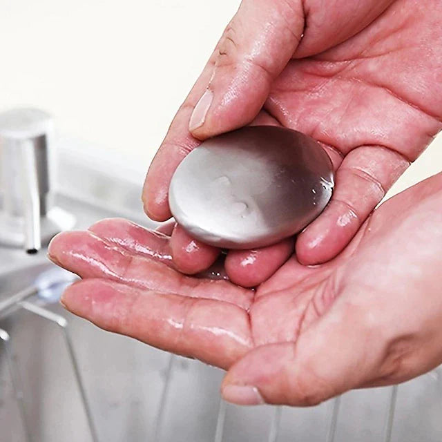 Stainless steel soap for removing stubborn odors, such as garlic and onion, from hands.